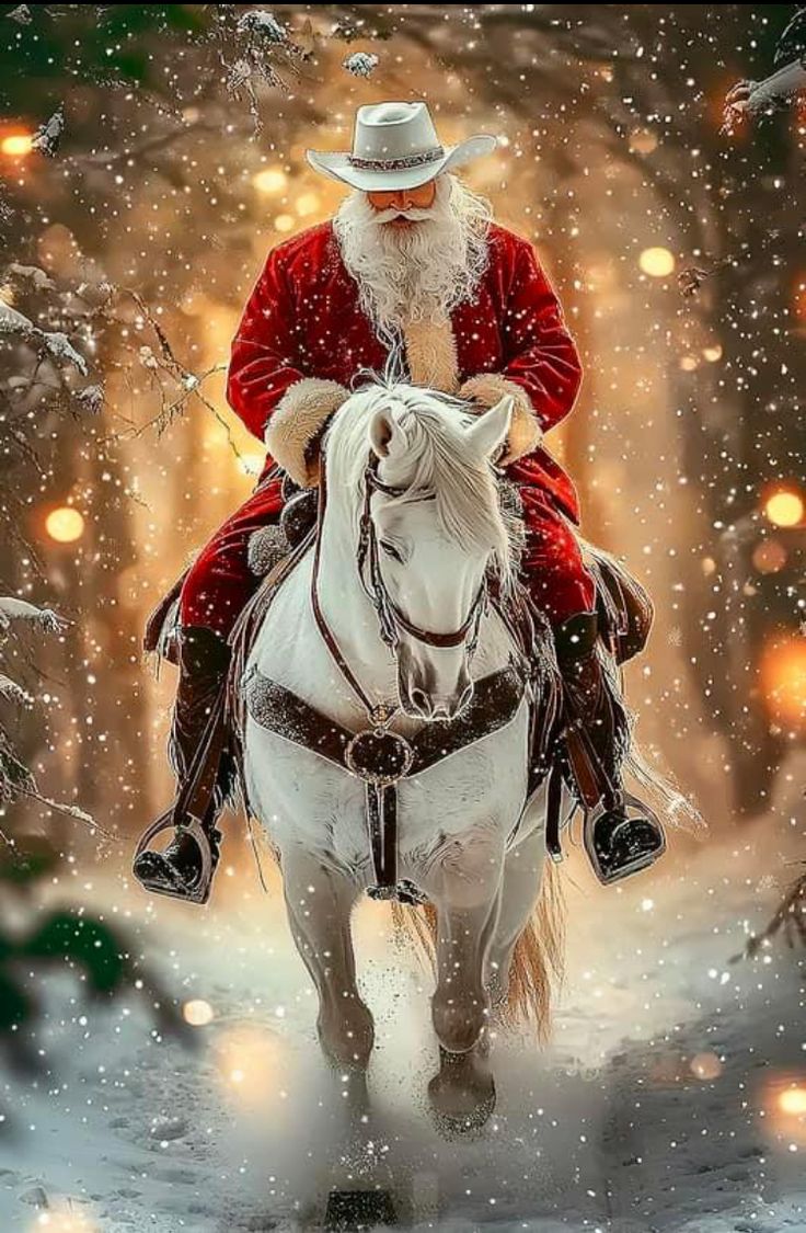 santa claus riding on the back of a white horse in the snow with christmas lights behind him