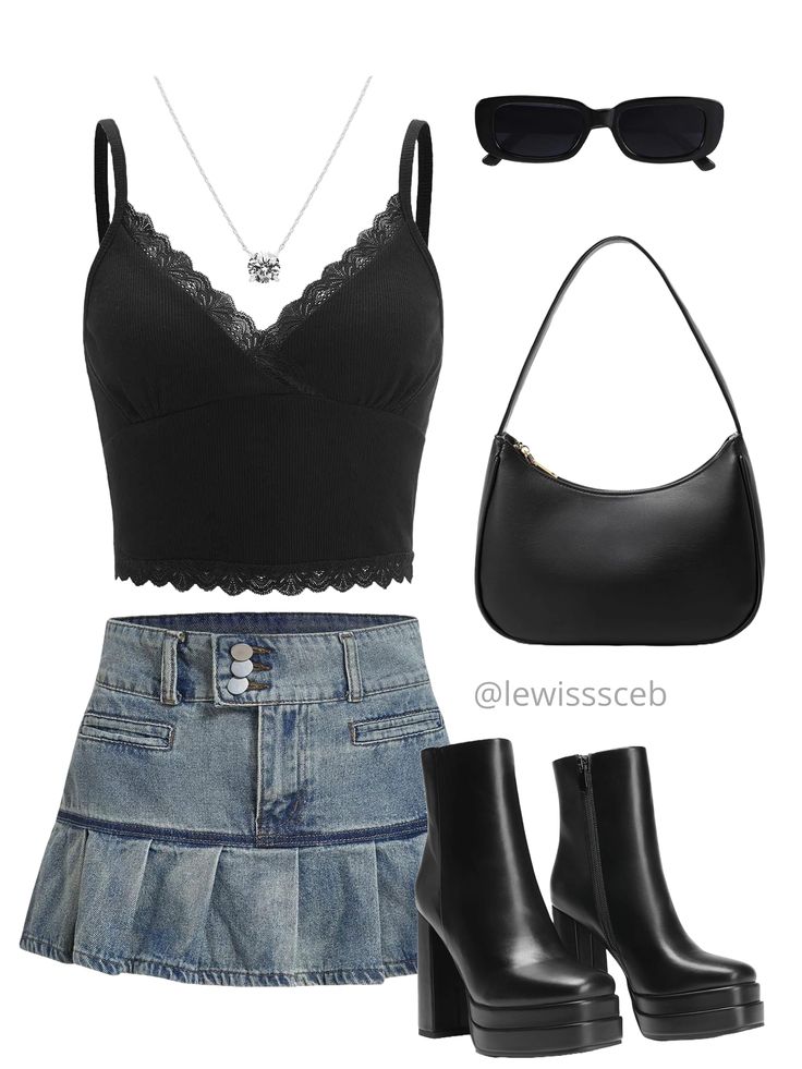 Elevate your Y2K style with this baddie bundle! 😎🖤 Rock the iconic black sunglasses, a trendy shoulder bag, sleek black boots, a stylish black top, and a classic denim mini skirt. Embrace the Y2K vibes and make a statement with this edgy ensemble. #Y2KFashion #BaddieStyle #OOTD Y2k Black Outfit, Baddie Style, Trendy Shoulder Bag, Y2k Vibes, Y2k Black, Black Sunglasses, Denim Mini, Denim Mini Skirt, Y2k Style