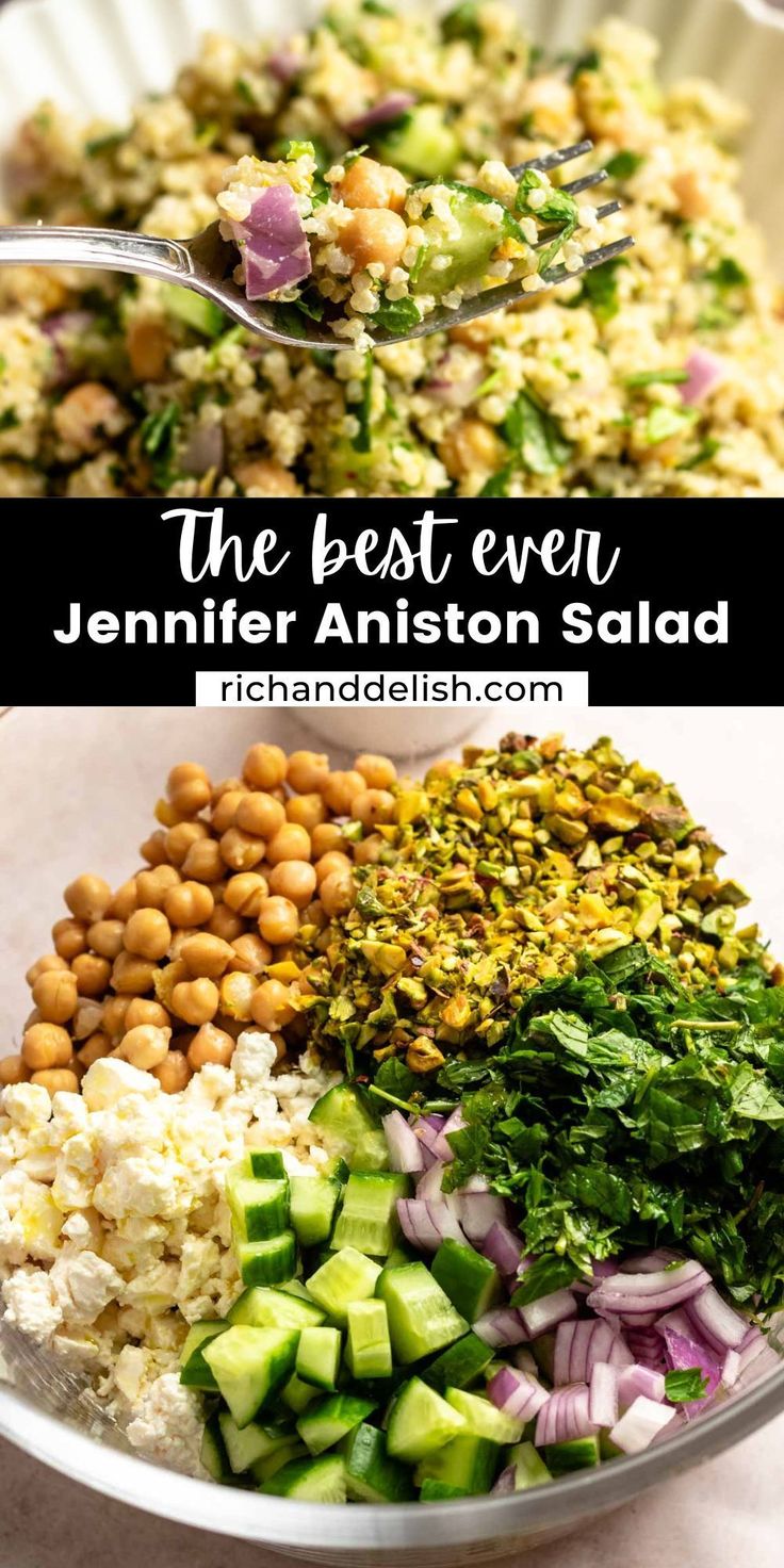 This viral Jennifer Aniston salad is a fresh, crunchy, delicious, and nutritious salad that is packed with plant-based protein. Jennifer Aniston Salad Recipe, Salad Protein, Jennifer Aniston Salad, Aniston Salad, Protein Salad Recipes, Pasta Salad With Spinach, High Protein Salads, Protein Salad, Salads Recipes