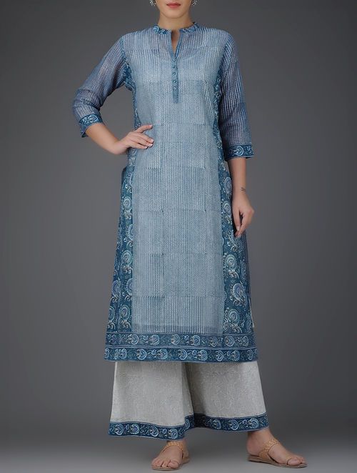 Indigo Block-Printed Mandarin Collar Chanderi Kurta wkurta designffith Cotton Slip (Set of 2) Kurti Neckline, Plazo Kurti, Kurti Blouse, Kurta Patterns, Designer Kurti Patterns, Simple Kurti Designs, Salwar Designs, Kurti Designs Latest, Long Kurti Designs