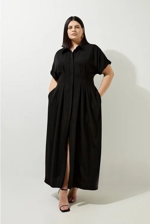 Plus Size Viscose Linen Woven Pintuck Midi Dress | Karen Millen Plus Size Business Dress, Workwear Maxi Dress With Belted Cuffs, Maxi Dress With Belted Cuffs For Workwear, Casual Belted Midi Dress For Formal Occasions, Semi-formal Short Sleeve Belted Midi Dress, Casual Formal Belted Midi Dress, Semi-formal Black Belted Midi Dress, Maxi Length Shirt Dress For Work, Solid Color Midi Shirt Dress For Work