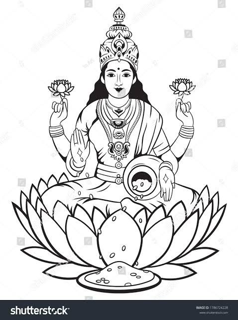 hindu god sitting on lotus flower with two hands in the air, black and white