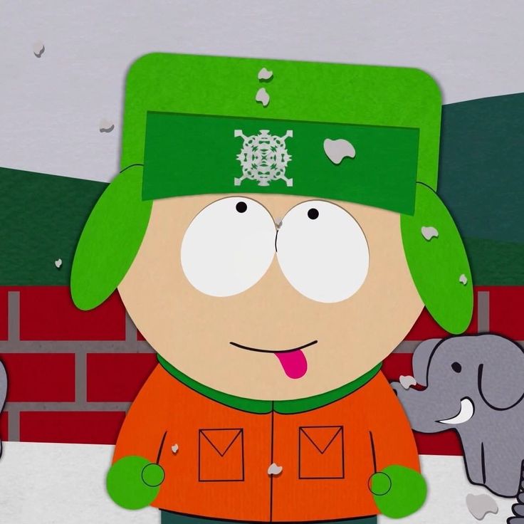 an animated image of a man in a green hat and orange jacket with two elephants