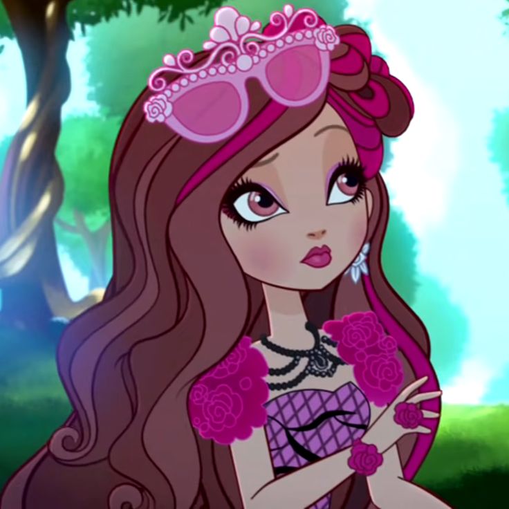 a cartoon girl with long hair and pink dress holding a flower in front of her face