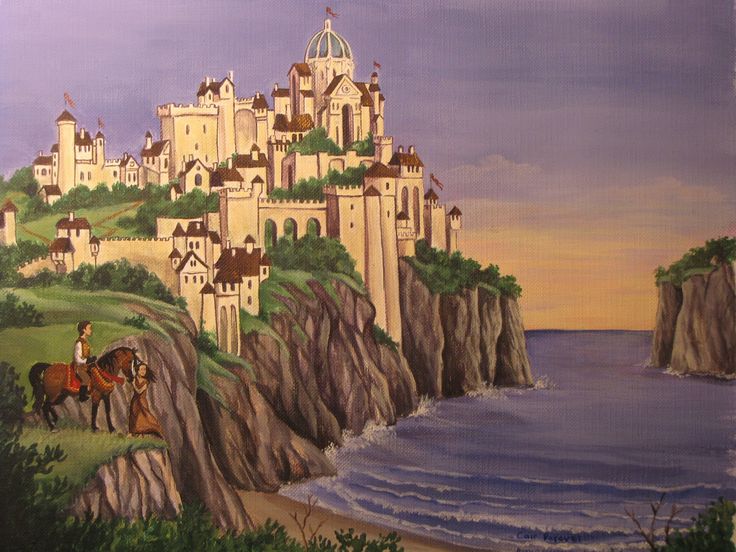 an oil painting of a castle on a cliff overlooking the ocean with horses and riders