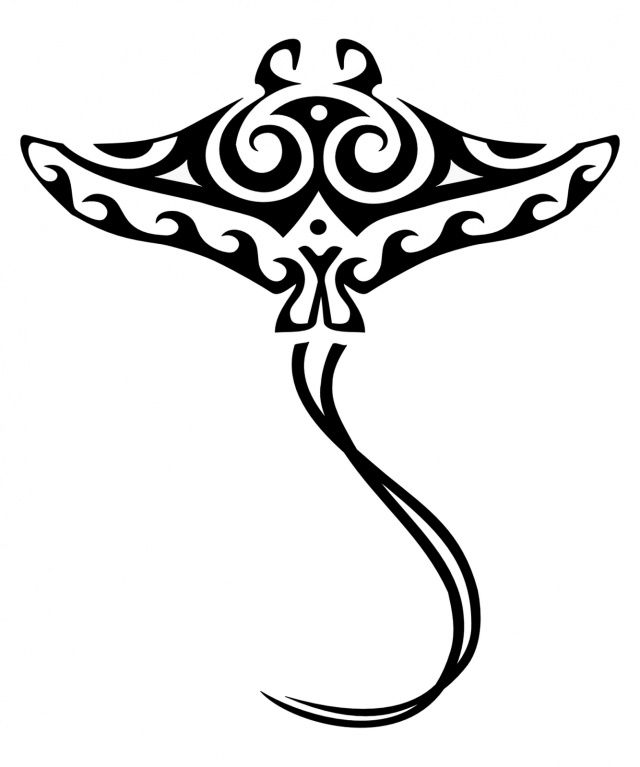 a black and white drawing of a manta rayfish with swirls on it's tail