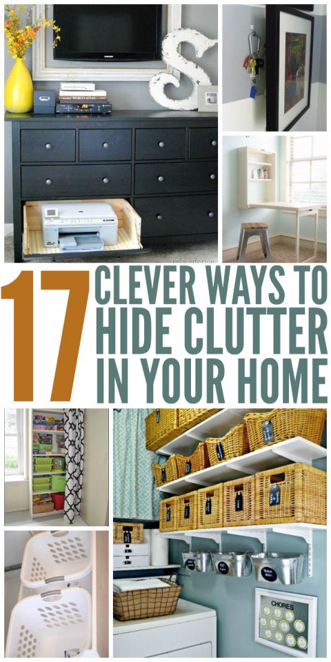 several pictures with the words 17 clever ways to hide clutter in your home on them