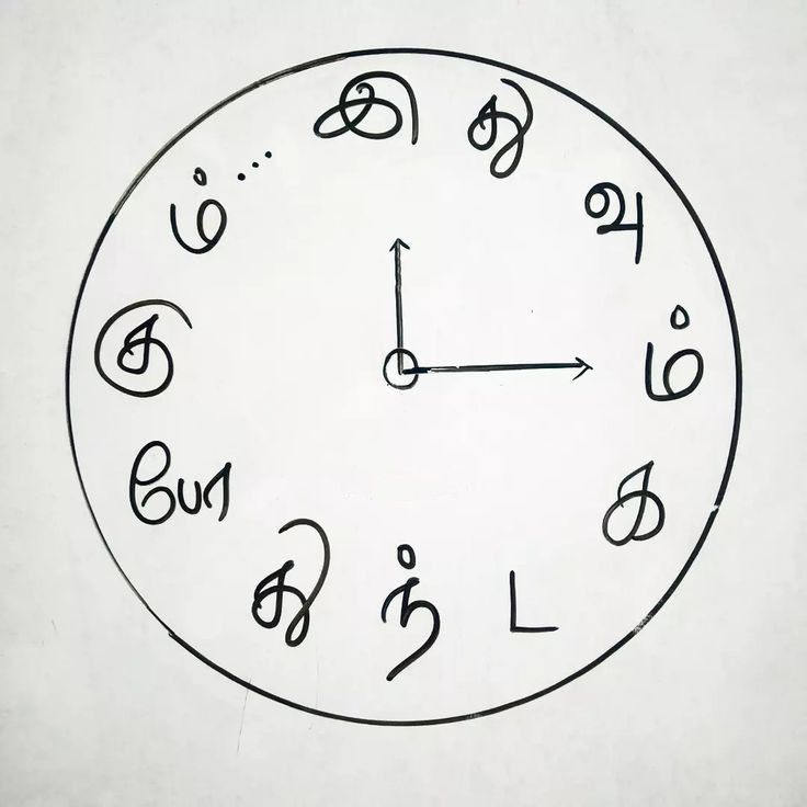 a drawing of a clock with numbers on the face and handwritten letters below it