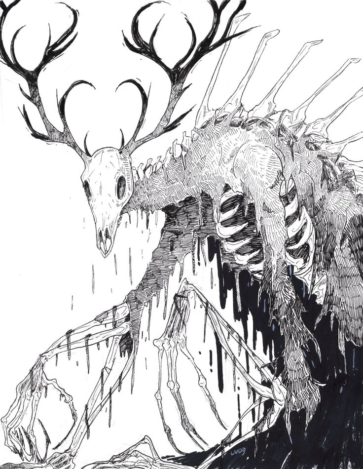 a black and white drawing of a deer with antlers on it's head