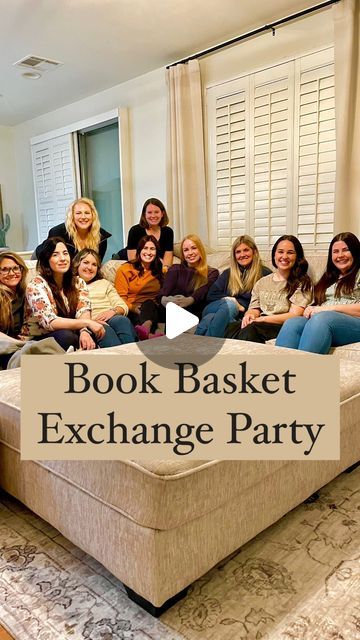 a group of women sitting on top of a couch in front of a window with the words book basket exchange party