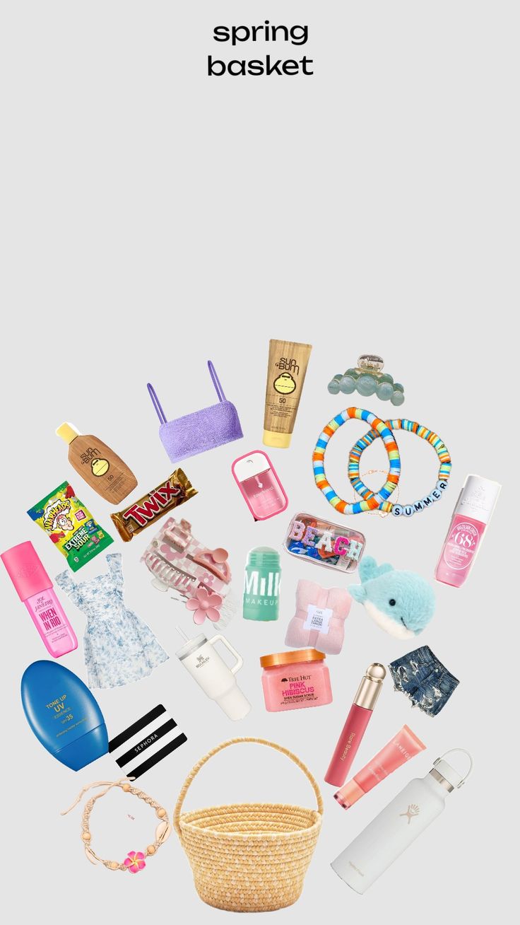 an advertisement for the spring basket is shown with various items and accessories in front of it