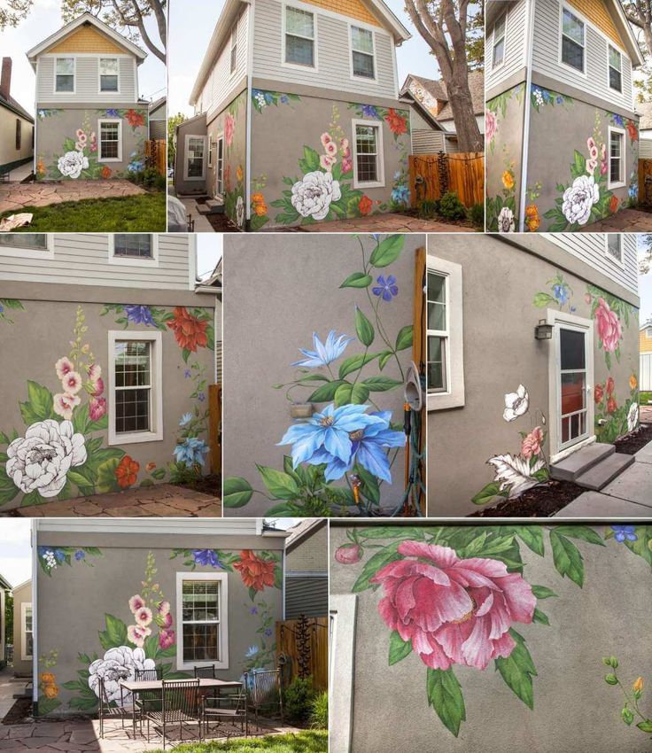 several pictures of flowers painted on the side of a house