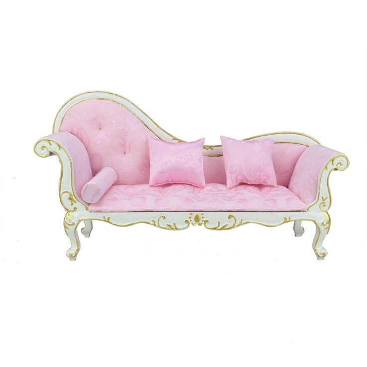 a pink and white couch with pillows on it's back end, sitting in front of a white background