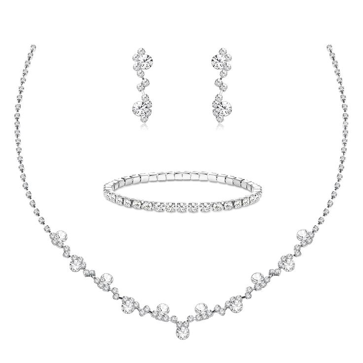 PRICES MAY VARY. 💓【BRIDAL JEWELRY SET】Sparkled wedding jewelry set includes 1 pcs rhinestone teardrop necklace, 1 pc chain bracelet, and 1 pairs dangling earrings. Inlaid with Rhinestones and Crystal, Shiny and Sparkling. With a classic and elegant design, this set of silver Bridal jewelry for wedding can perfectly complement your beauty and bring you a unique wearing experience. 💓【SAFE & COMFORT MATERIAL】This womens jewelry set is mainly made of environmentally friendly metal, inlaid shiny AA Cute Prom Jewelry, Wedding Jewelry Ideas For Bride Silver, Grad Accessories, Silver Wedding Jewelry Set, Bride Accessories Jewelry, Silver Necklace Prom, Hoco Jewelry, Homecoming Jewelry, Bracelet For Bride