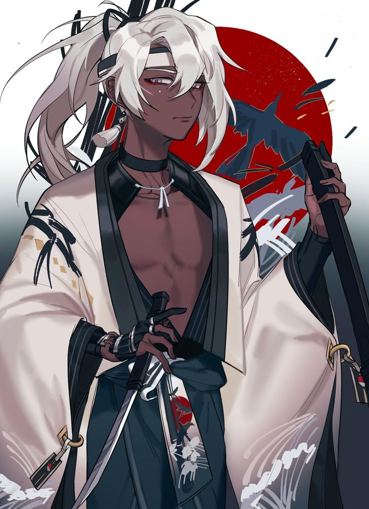 an anime character with white hair holding two swords in front of a red and black background