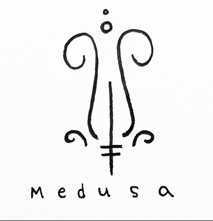 the logo for medusa is drawn in black ink on a white paper with writing underneath it