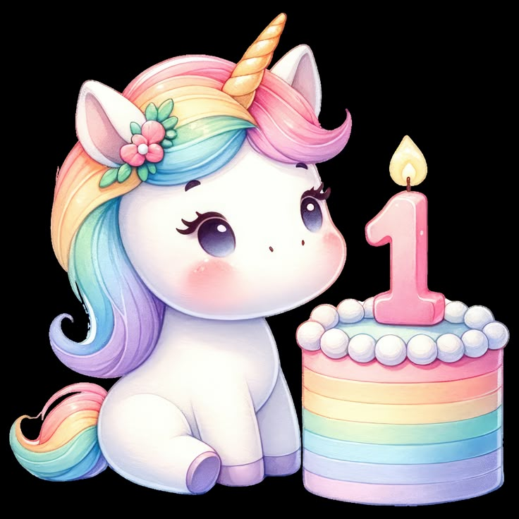 a cute little unicorn sitting next to a birthday cake