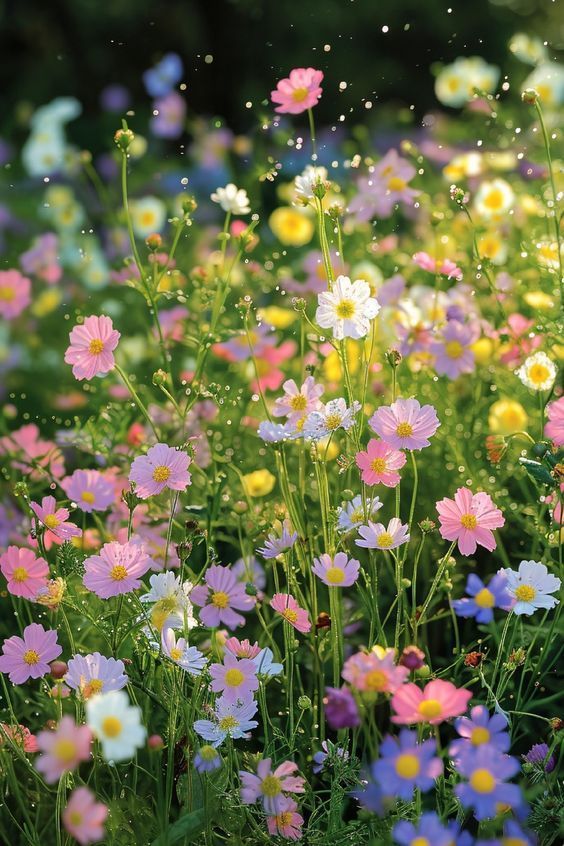 many different colored flowers in the grass