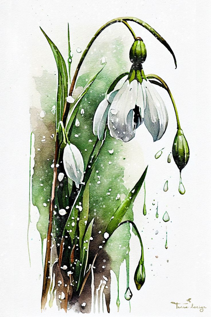 watercolor painting of white flowers with drops of rain