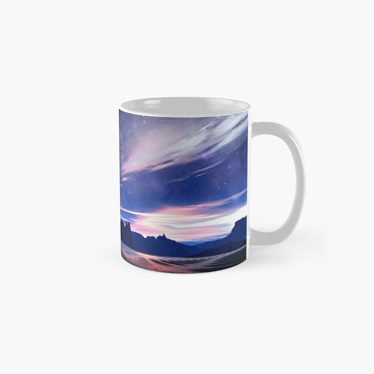 a coffee mug with an image of the sky and stars above it, on a white background