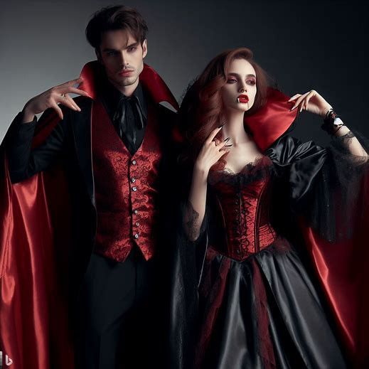 a man and woman dressed up as dracula and vampire bride in red capers, black gowns