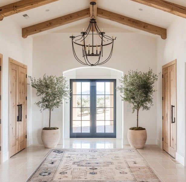 a large foyer with two potted trees on the floor and a chandelier hanging from the ceiling