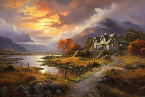 a painting of a house by the water with mountains in the background and clouds above it