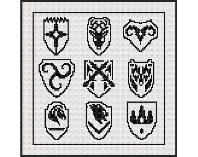 a cross stitch pattern with different shields on it