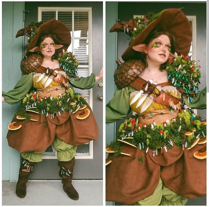 a woman dressed in costume standing next to a door