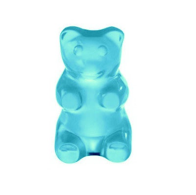 a blue gummy bear on a white background