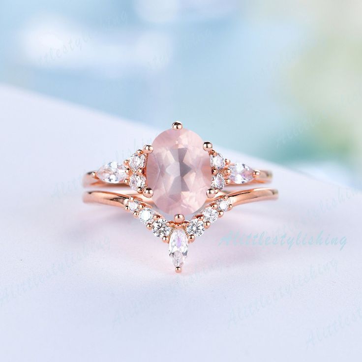 Unique Rose Quartz Engagement Ring Set Oval Rose Quartz Ring Set V Curve Wedding Band 14K Rose Gold Antique Woman Anniversary Promise Gifts Blue Sandstone Engagement Ring Set: https://www.etsy.com/listing/1094879963/blue-sandstone-engagement-wedding-ring Alexandrite Wedding Bridal Set: https://www.etsy.com/listing/1021379762/oval-alexandrite-engagement-ring-set Moss Agate Bridal Set https://www.etsy.com/listing/1069145681/moss-agate-engagement-ring-set ❈Item detail❈ ✼Engagement ring: -Main stone Pink Quartz Ring Engagement, Oval Morganite Wedding Ring, Marquise Rose Gold Ring For Anniversary, Rose Gold Marquise Rings For Anniversary, Rose Gold Morganite Wedding Rings, Unique Engagement Rings Pink, Elegant Pink Ring For Marriage, Oval 14k Rose Gold Wedding Jewelry, Rose Gold Marquise Cut Wedding Ring