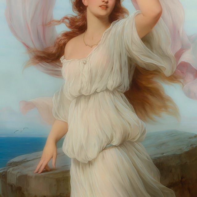 a painting of a woman with long red hair and flowing white dress, holding a pink flower in her right hand