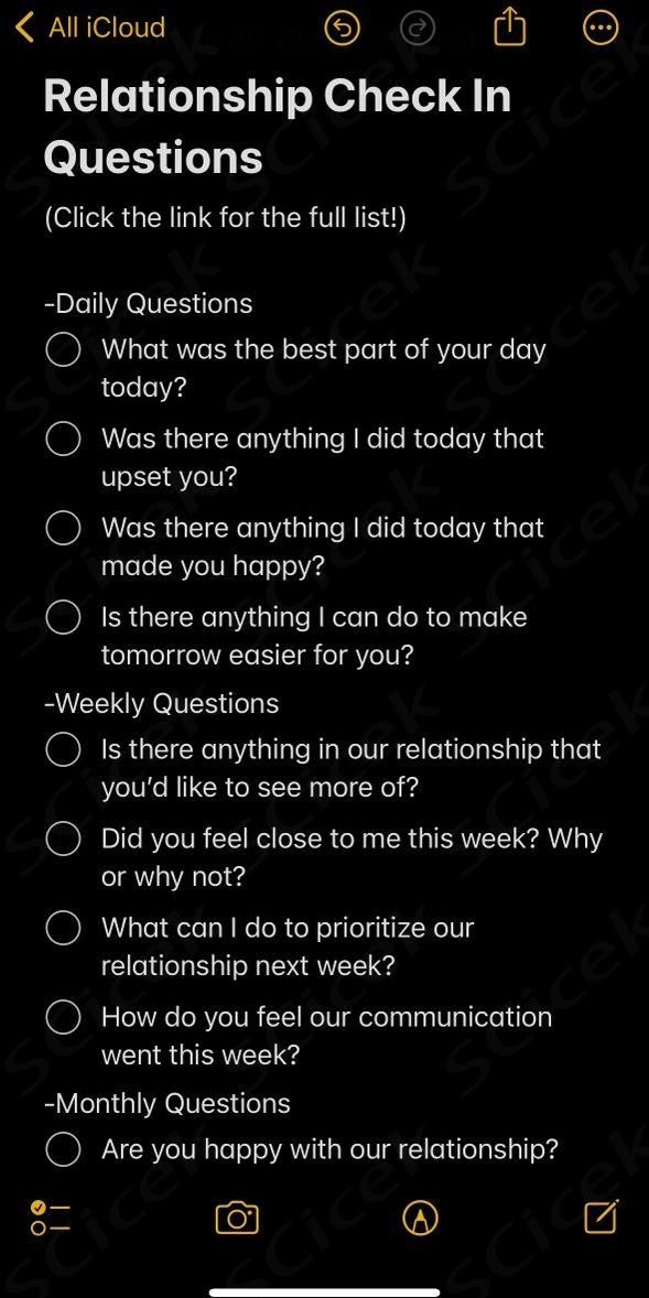 These 75 Relationship Check In Questions For Couples will help you ask your partner important questions about your relationship and how things are going. There is a list of Daily, Weekly, & Monthly questions to ask your spouse, boyfriend, girlfriend, fiancé, etc. Great for long distance couples as well!  ... daha fazla Questions For Bf And Gf, Relationship Questions Boyfriends, Relationship Check Up Questions, Couples Weekly Check In Questions, Daily Relationship Check In Questions, Couple Daily Check In, Things To Ask In A New Relationship, Couples Weekly Check In, Daily Check In Questions For Couples