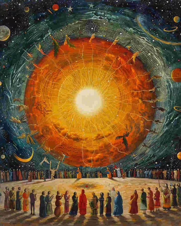 an image of people standing in front of a large sun with many stars and planets around it