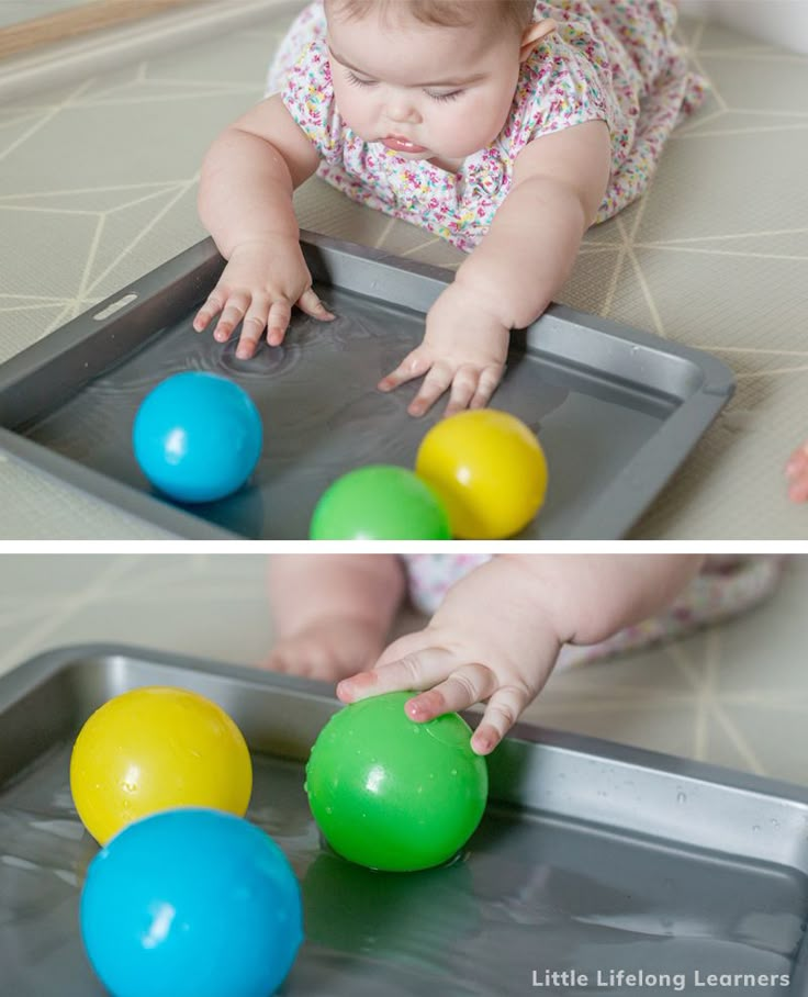 two pictures of a baby playing with balls