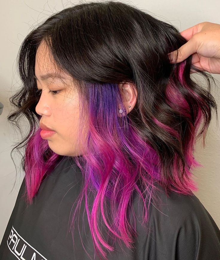 Purple Underneath Hair, Purple Peekaboo Hair, Purple Hair Ideas, Color Block Hair, Pink Purple Hair, Underneath Hair, Hair Color Underneath, Peekaboo Hair, Dyed Hair Inspiration