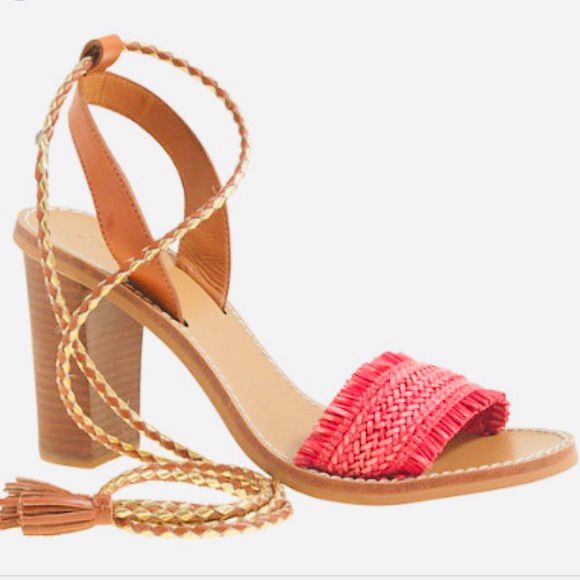 Jcrew Raffia Ankle Tie High Heel Sandals. Coral Straw Strap With Gold And Cognac Strap With Tassel. Worn Only Once. Excellent Condition. Very Light Wear See Pics Tie High Heels, Heel Sandals, High Heel Sandals, Cognac, Shoes Women Heels, High Heel, Sandals Heels, J Crew, Straw