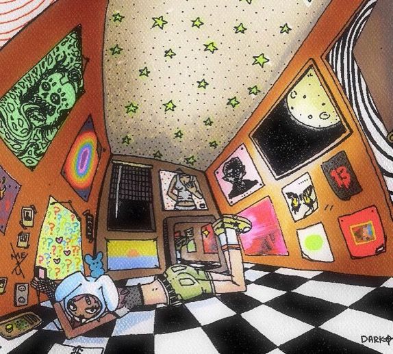 this is an image of a room with pictures on the walls and floor in it