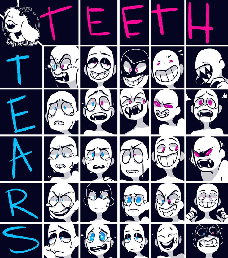 an image of cartoon faces drawn in different styles and colors with the words teeth on them