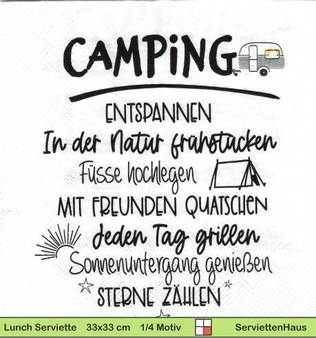 a paper napkin with the words camping written in german and english, on top of it