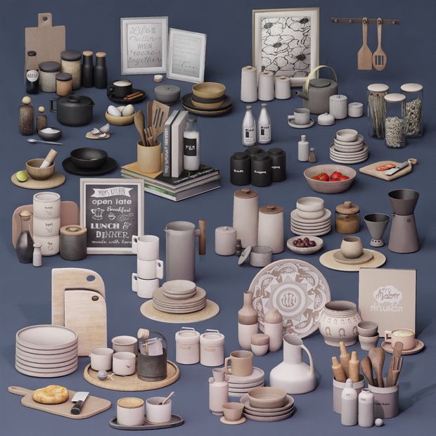 an assortment of pottery is displayed on a table