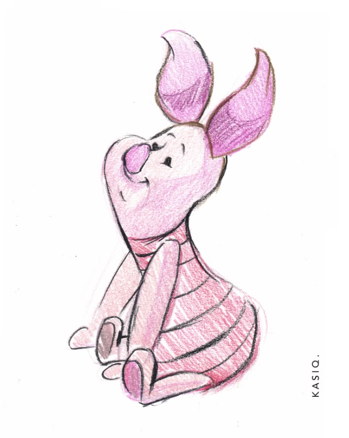 a drawing of a pink pig sitting on the ground