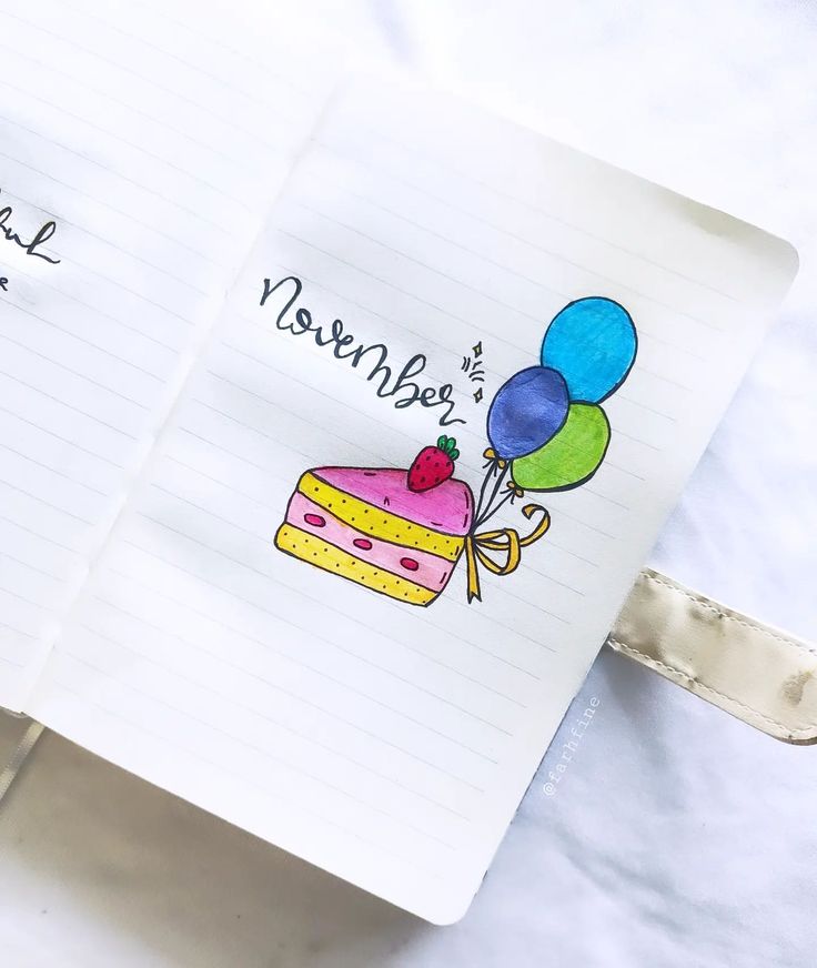 two notebooks with drawings of birthday cakes and balloons on them, next to each other