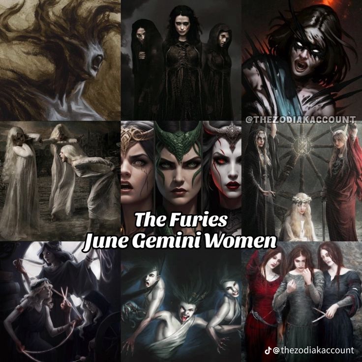 the four faces of women in different costumes with text that reads, the furies june gen