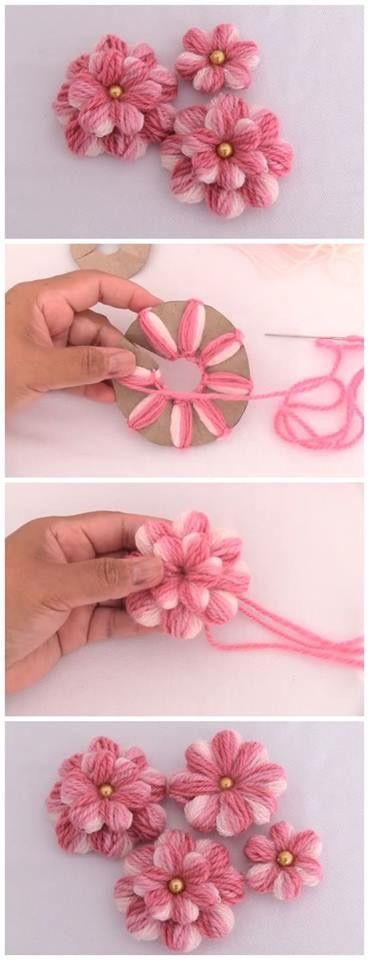 four pictures showing how to make pink flowers