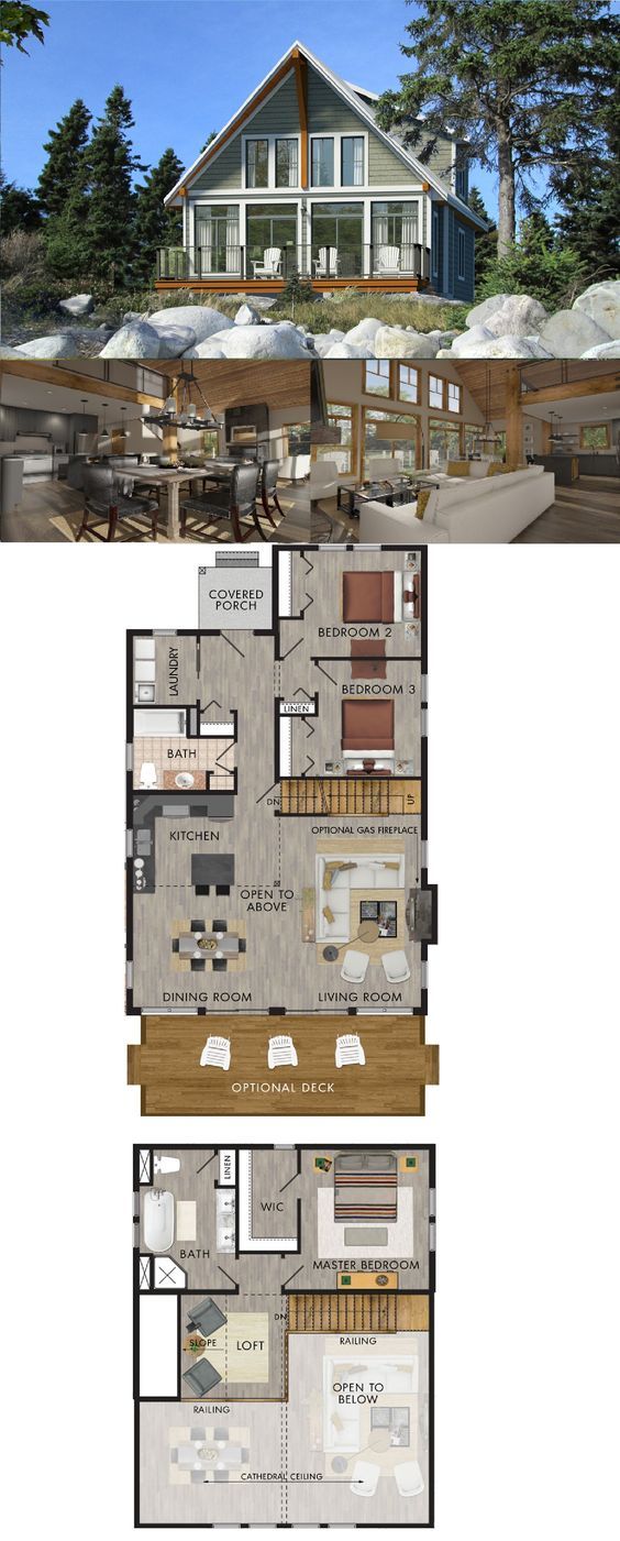 the floor plan for a two story house with an attached deck and covered patio area