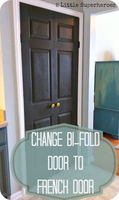 a black door with the words change bifold door to french door in front of it