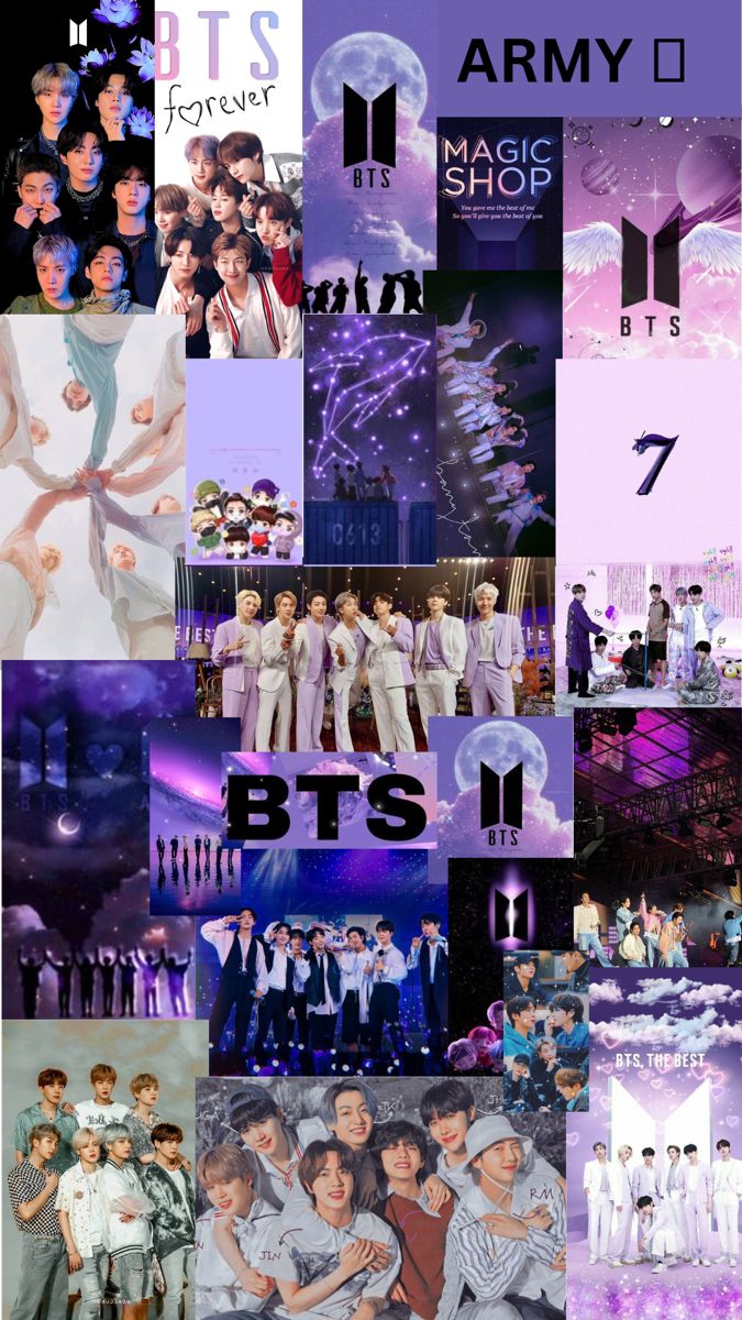 the bts collage is shown in purple and blue tones, with many different images