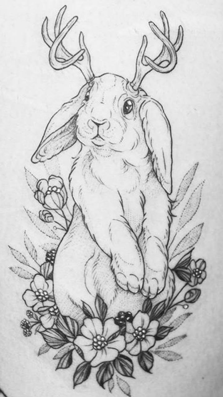 a drawing of a rabbit with antlers on it's head and flowers around its neck