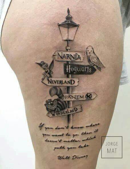 a woman's lower back tattoo with many different things on the signposts